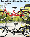 Two-Child Tricycle Rear Seat for Adult Three-Wheeled Bikes, Detachable and Wide 27.5-Inch Backrest Seat With Seat Belts, Includes Bottom Basket, Perfect for 24-Inch Wheels, Carry Two Kids Comfortably, shown on red and black trikes