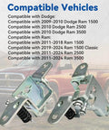 Top Shelf Front Lower Door Hinge Combo For Your Dodge Ram Whip Includes Driver Left And Passenger Right Brackets in image with compatible vehicles listed