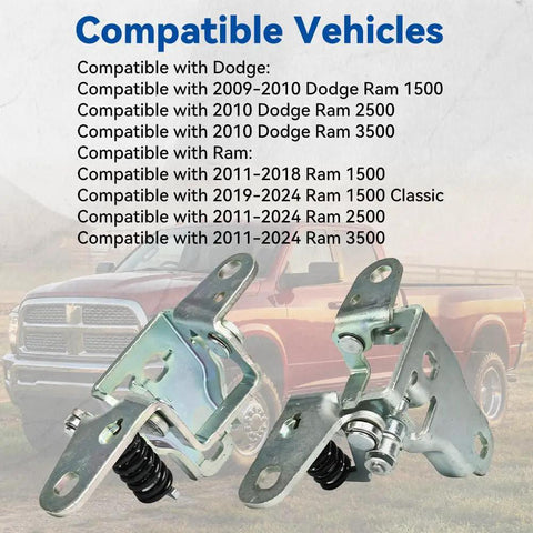 Top Shelf Front Lower Door Hinge Combo For Your Dodge Ram Whip Includes Driver Left And Passenger Right Brackets in image with compatible vehicles listed