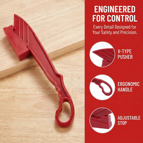 Rock Solid Table Saw Push Stick With Riving Knife Splitter 16.5 Inches Long red ergonomic handle V-type pusher displayed on wood surface.