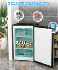 Compact Upright Mini Freezer With 3.0 Cubic Feet Capacity And Reversible Door For Dorm Life showing contents like drinks and meat.