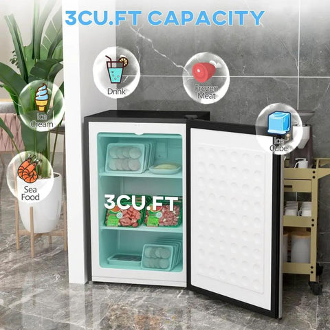 Compact Upright Mini Freezer With 3.0 Cubic Feet Capacity And Reversible Door For Dorm Life showing contents like drinks and meat.