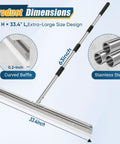 Industrial Floor Squeegee With 33.4 Inch Extra Large Blade And 63 Inch Stainless Handle For Concrete And Tough Cleaning Jobs Anti Splash Curved Baffle For Garage And Factory, featuring dimensions and stainless steel material.