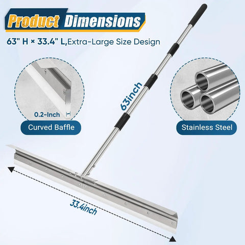 Industrial Floor Squeegee With 33.4 Inch Extra Large Blade And 63 Inch Stainless Handle For Concrete And Tough Cleaning Jobs Anti Splash Curved Baffle For Garage And Factory, featuring dimensions and stainless steel material.