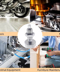 Collage showing Two Pack Retractable Spring Plungers M16x2 Stainless Steel Lockout Handle in various industrial settings.