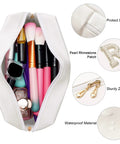 Open Bride Patch Makeup Bag With White Pearl Rhinestones For Women, interior view showcasing makeup brushes and toiletries, with labels highlighting features like pearl rhinestone patch, waterproof material, and sturdy zipper.