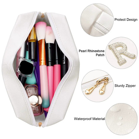 Open Bride Patch Makeup Bag With White Pearl Rhinestones For Women, interior view showcasing makeup brushes and toiletries, with labels highlighting features like pearl rhinestone patch, waterproof material, and sturdy zipper.