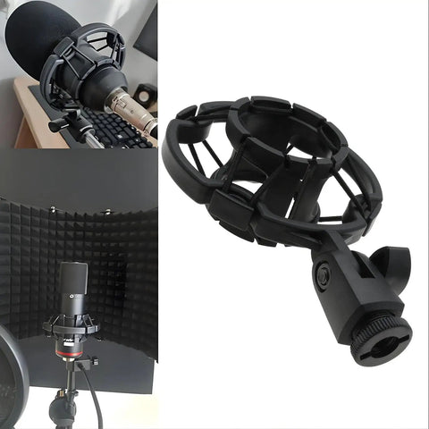 Universal Microphone Shock Mount for 42-46mm Mics, black anti-vibration studio mount with 3/8 inch or M16 thread, in use setup
