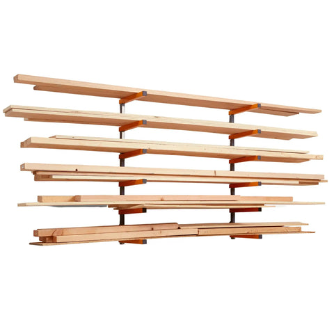 Six-level wall-mounted wood organizer and lumber storage metal rack for indoor and outdoor use, shown from side view.