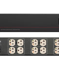 Kickass 20 Amp Power Conditioner With Non Sacrificial Surge Protection For Home Audio And Hi Fi Rigs, showing filtered outlets and power switch.