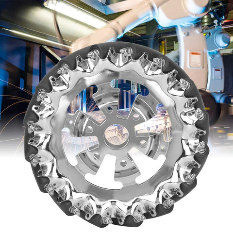 6in mecanum wheel with metal hub and 16 TPU rollers on a black outer ring, front view