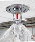 10 Pack Copper Fire Sprinkler Heads 155 Degree Activation Half Inch Thread Vertical Spray with water discharge from ceiling.