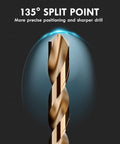 Close-up of Pro Grade Cobalt Drill Bit Set 29 Pcs M35 High Speed Steel Bits, showing a 135-degree split point design.