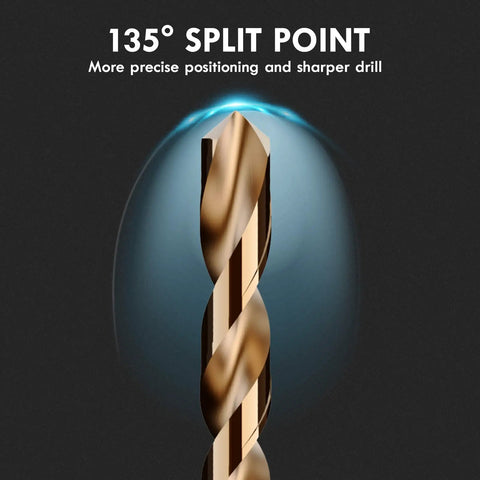 Close-up of One Half Inch Cobalt Drill Bit Set 5 Pc M35 High Speed Steel Jobber Length Built Tough for Hardened Metals 135-degree tip