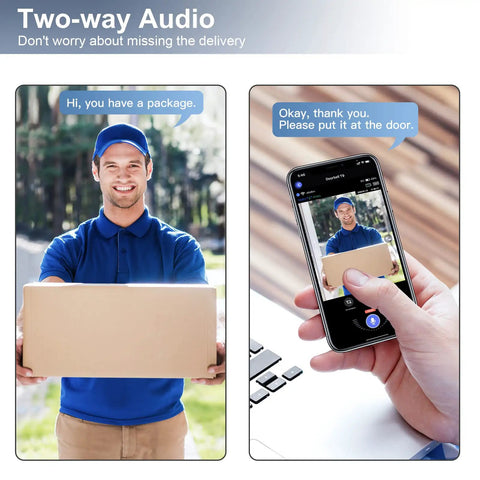 Wireless WiFi Video Doorbell Camera With Chime And 2 Way Audio PIR showing delivery person and smartphone app interaction.