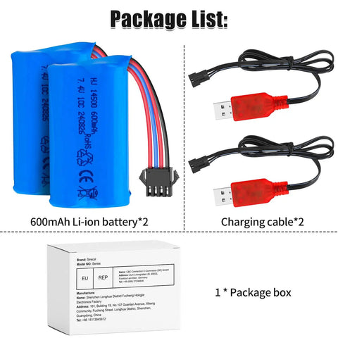 7.4V 600mAh Li Ion Two Pack Rechargeable Battery 2S With SM 4P Plug And USB Charger Cable For Gel Blaster RC Boat And Car Use Power Up Your Remote Control Gear package contents