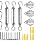 33 Piece Marine Grade Stainless Steel Sun Shade Sail Hardware Kit with turnbuckles, pad eyes, carabiners, screws, anchors