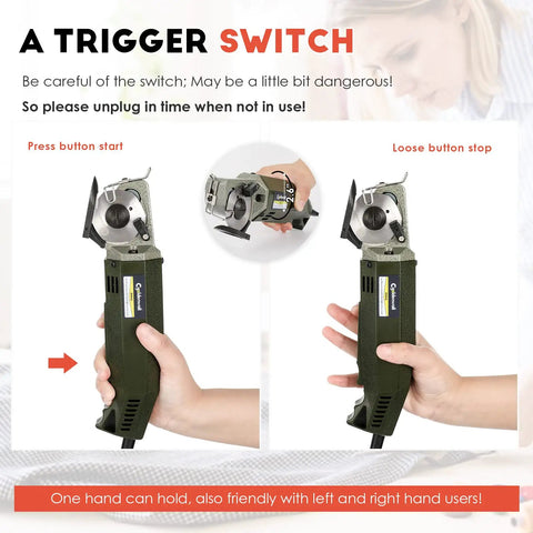 Dive into heavy duty sewing projects with this electric rotary fabric cutter showing trigger switch operation for cutting textiles.