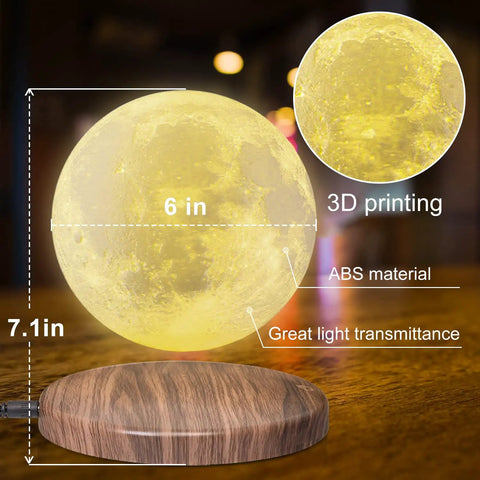 Dope Levitating Moon Lamp With Magnetic Floating Base, 3 Color Modes, 3D LED Moon, showing material and size.