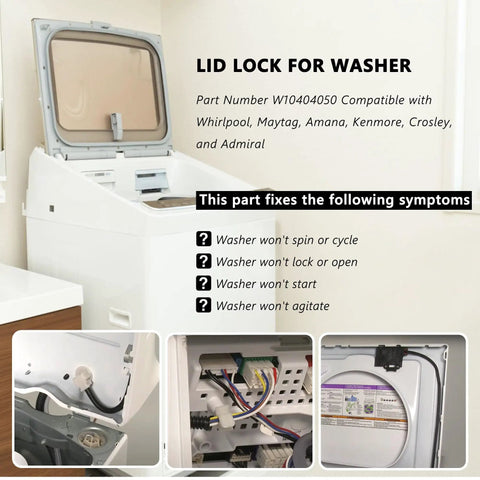 Heavy Duty Washing Machine Lid Lock Switch And Wiring Harness Kit For Straight Up Solid Replacement. Close-up of lid lock and wiring inside washer.