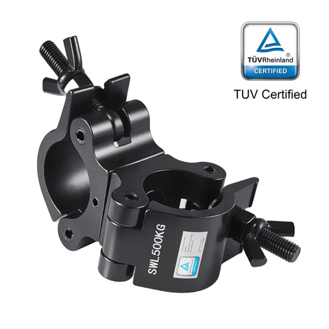 Beefy Heavy Duty Swivel Truss Clamp Set 2 Pack For 2 Inch Trusses Dual Head Turn As Needed 360 Degree Lighting Clamps Fits 48 To 52mm Truss OD Aluminum Alloy 6061 Pro Grade Safety And Durability, TUV certified black swivel clamp