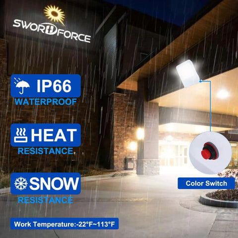 Two Pack 100W LED Flood Light Outdoor With 3CCT Selectable 3000K 4000K 6500K Plug In Waterproof Work Lights with IP66 Rating