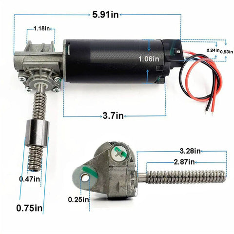 DIY Ready 12V DC Worm Drive Seat Motor With Right Hand Build Setup Reversible Forward And Reverse Durable 12V Worm Gear Motor with dimensions and components visible