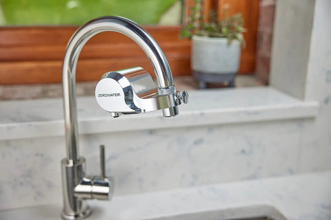 Chrome Faucet Mount Water Filter With WQA Certified PFOA PFOS And Chlorine Reduction installed on kitchen sink faucet