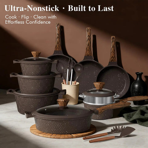 26 Piece Nonstick Pots And Pans Set With Steamer Induction Ready Cookware Includes Silicone Utensils Healthy Quartz Nonstick PFAS PFOA Free Easy Clean Great Housewarming Gift For Home Cooks And Busy Chefs No Fuss Cleanup displayed on a kitchen counter