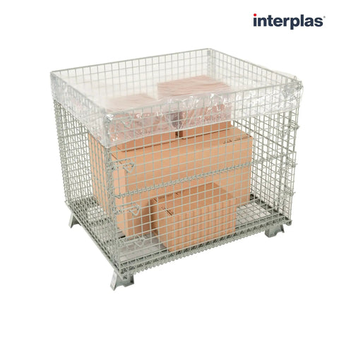 Pack Of 25 Clear Elastic Covers For 65 Inch Square Gaylord Boxes Built Tough To Lock Down Warehouse Stock Food Grade Plastic Stretch Shrouds Rock Solid Fit No Sweat Setup on a metal box with stacked boxes.