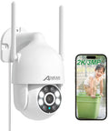 Outdoor 2K WiFi Security Camera With Auto Tracking And Color Night Vision mounted on wall next to smartphone display