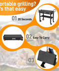 All In One Outdoor Grill Cart For 17 To 22 Inch Griddles And Pizza Ovens, Foldable Portable Stand illustration with setup steps