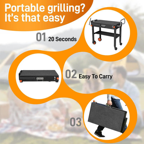 All In One Outdoor Grill Cart For 17 To 22 Inch Griddles And Pizza Ovens, Foldable Portable Stand illustration with setup steps