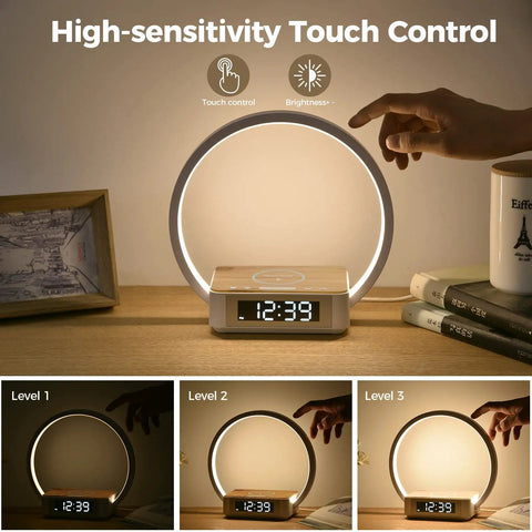 All In One Touch Desk Lamp With Alarm Clock Qi Wireless Charger And Wake Up Light Three Hue Settings Eye Caring LED Reading Bedside Buddy Nightstand Light For Bedroom Living Room with touch control display.