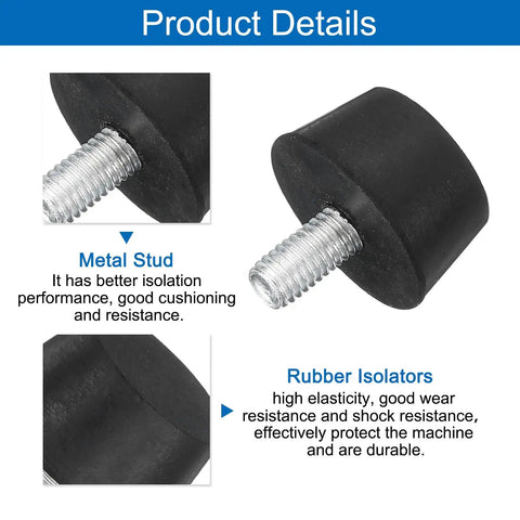 Close-up of black rubber isolators with metal stud for 8 Pack Adjustable Leveling Feet Rubber Table and Chair Feet with M8 x 15mm Studs.