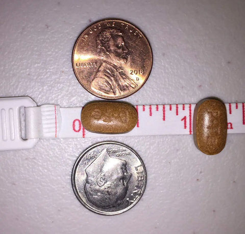 Iron Boost High Potency 106Mg Elemental Iron From 325Mg Ferrous Fumarate pill next to penny and dime for size comparison.