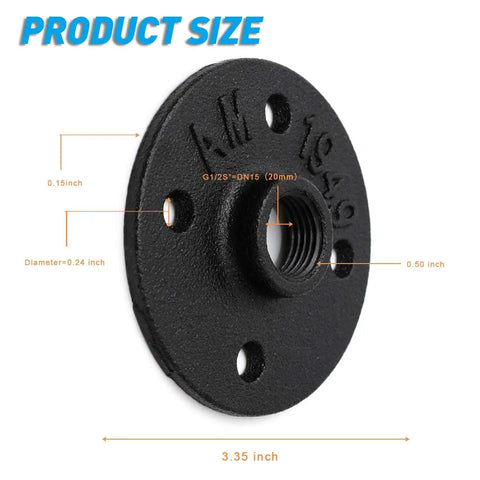 3/4 Inch Black Painted Floor Flange with size measurements, threaded hole, iron material, for DIY furniture and industrial decor.