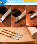 Carbide Tipped Wood Lathe Tools Set 3 Piece Rougher Detailer Finisher With Wood Handle And Diamond Round And Square Indexable Carbide Inserts For Turning Great For Pros And DIYers, close-up of tool tips and handles on wooden surface.
