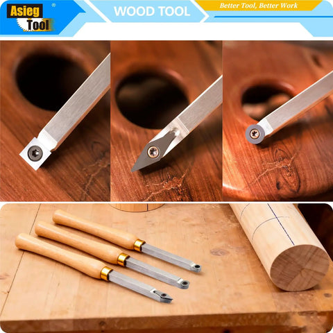 Carbide Tipped Wood Lathe Tools Set 3 Piece Rougher Detailer Finisher With Wood Handle And Diamond Round And Square Indexable Carbide Inserts For Turning Great For Pros And DIYers, close-up of tool tips and handles on wooden surface.