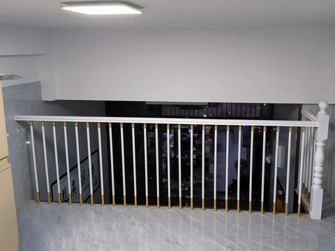 White Aluminum Railing Posts 37.4 Inch Deck Spindles 100 Pack With Adjustable Connectors And Shoe Base 270 Degree Angle Changeable No Sweat Setup Guardrail Uprights For Stairs featured as stair railing in modern balcony