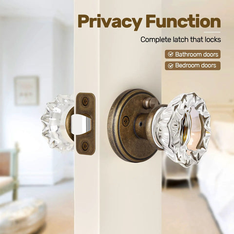 Antique Brass Crystal Door Knob Set For Interior Privacy Doors With Push Button Lock And Emergency Release on bedroom door