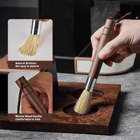 Grinder Cleaning Brush Set With Walnut Wood Handle And Natural Bristles For Espresso Machines And Home Baristas in use