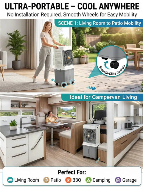 10 Gallon Swamp Cooler Evaporative Air Cooler Portable AC Unit being moved from living room to patio with smooth-glide casters