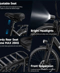 All Terrain Electric Mountain Bike For Adults With 1000W Peak Power shown with adjustable seat, bright headlights, rear seat frame, front suspension.
