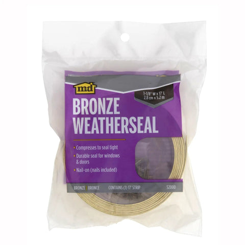 Packaging for Bronze Aluminum Nail-On Weather Seal for Doors and Windows, 1-1/8 in wide by 17 ft long with nails.