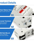Two Pole 690V DIN Rail Fuse Holder For 10x38mm Fuses With Built In LED Indicator UL Recognized Up To 32A AC For Fast Troubleshooting And Reliable Power Distribution. White plastic DIN rail fuse holder with red LED status windows and terminal view