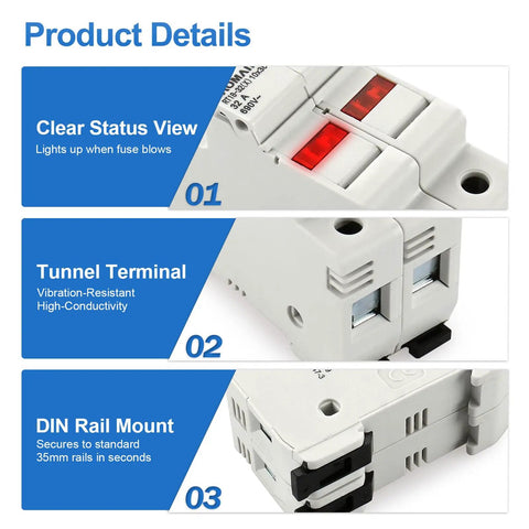 Two Pole 690V DIN Rail Fuse Holder For 10x38mm Fuses With Built In LED Indicator UL Recognized Up To 32A AC For Fast Troubleshooting And Reliable Power Distribution. White plastic DIN rail fuse holder with red LED status windows and terminal view
