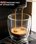 Get That Fresh Barista Hit Without The Hustle Using This Automatic Espresso Coffee Machine Loaded With A Built In Grinder And Auto Milk Frother For Slick Bean To Cup Brewing And Smooth Flavor Daily, espresso pouring into clear glass, 19-bar pressure.