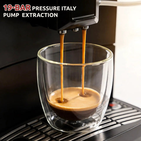 Get That Fresh Barista Hit Without The Hustle Using This Automatic Espresso Coffee Machine Loaded With A Built In Grinder And Auto Milk Frother For Slick Bean To Cup Brewing And Smooth Flavor Daily, espresso pouring into clear glass, 19-bar pressure.