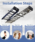 Installation steps for double ceiling storage rack for kayaks ladders surfboards and more adjustable from ten to eighteen inches with a thirty inch bar holds up to two hundred pounds overhead hanger for garage or workshop